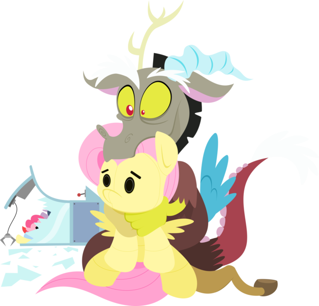 Size: 2503x2397 | Tagged: artist:jittery-the-dragon, claw machine, dead source, derpibooru import, discord, fluttershy plushie, holding, implied fluttershy, plushie, prize, safe, simple background, sitting, solo, transparent background