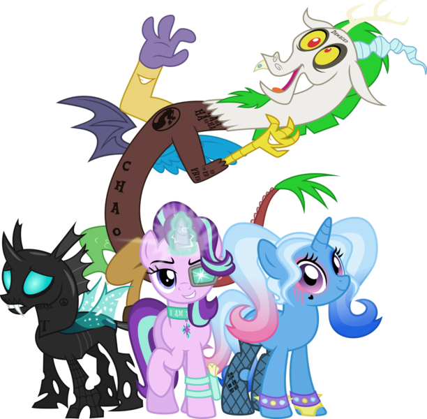 Size: 5206x5106 | Tagged: safe, artist:osipush, derpibooru import, discord, starlight glimmer, thorax, trixie, changeling, draconequus, pony, unicorn, to where and back again, absurd resolution, alternate hairstyle, bracelet, clothes, collar, crossover, dc comics, deadshot, el diablo, female, grin, harley quinn, harley trix, jewelry, jokercord, looking at you, male, mare, open mouth, parody, reformed four, simple background, smiling, smug, spiked wristband, stockings, suicide squad, tattoo, the joker, transparent background