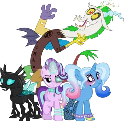 Size: 5206x5106 | Tagged: safe, artist:osipush, derpibooru import, discord, starlight glimmer, thorax, trixie, changeling, draconequus, pony, unicorn, to where and back again, absurd resolution, alternate hairstyle, bracelet, clothes, collar, crossover, dc comics, deadshot, el diablo, female, grin, harley quinn, harley trix, jewelry, jokercord, looking at you, male, mare, open mouth, parody, reformed four, simple background, smiling, smug, spiked wristband, stockings, suicide squad, tattoo, the joker, transparent background