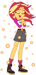 Size: 3500x7304 | Tagged: safe, artist:crimsumic, derpibooru import, sunset shimmer, equestria girls, legend of everfree, .svg available, absurd resolution, boots, camp everfree outfits, clothes, embrace the magic, eyes closed, female, hands together, open mouth, shorts, simple background, singing, socks, solo, sparks, transparent background, updated, vector