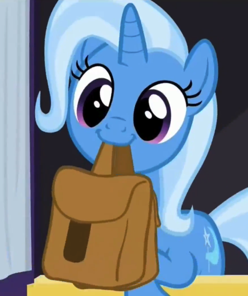 Size: 583x697 | Tagged: safe, derpibooru import, screencap, trixie, pony, unicorn, to where and back again, :3, cropped, cute, diatrixes, female, leaning, mare, mouth hold, nom, saddle bag, smiling, solo, to saddlebags and back again