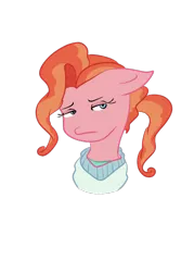 Size: 500x700 | Tagged: safe, artist:jodi sli, derpibooru import, peachy plume, earth pony, pony, where the apple lies, bust, clothes, female, floppy ears, lidded eyes, looking away, mare, portrait, receptionist, simple background, solo, transparent background