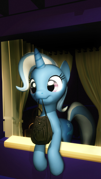 Size: 1080x1920 | Tagged: safe, artist:powdan, derpibooru import, trixie, pony, unicorn, to where and back again, 3d, :3, bag, cute, diatrixes, female, gmod, leaning, mare, mouth hold, scene interpretation, smiling, solo, to saddlebags and back again