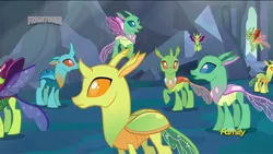 Size: 1920x1080 | Tagged: changedling, changeling, clypeus, cornicle, dead source, derpibooru import, flying, frown, open mouth, raised hoof, safe, screencap, smiling, to where and back again