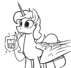 Size: 1044x999 | Tagged: alcohol, artist:selenophile, black and white, derpibooru import, drink, grayscale, magic, monochrome, princess luna, safe, simple background, sketch, solo, spread wings, surprised, white background