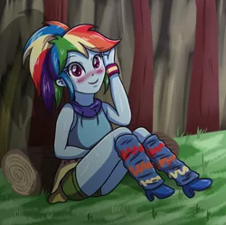 Size: 3507x3472 | Tagged: safe, artist:sumin6301, derpibooru import, rainbow dash, equestria girls, legend of everfree, blushing, camp fashion show outfit, clearing, clothes, cute, dashabetes, forest, looking at you, solo