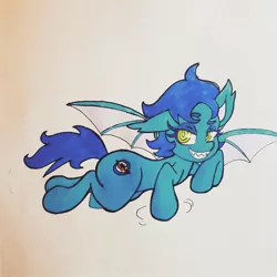 Size: 1080x1080 | Tagged: safe, artist:sketchwhatyousee, derpibooru import, oc, unofficial characters only, bat pony, pony, floppy ears, grin, lidded eyes, prone, sharp teeth, smiling, solo, spread wings, teeth, traditional art