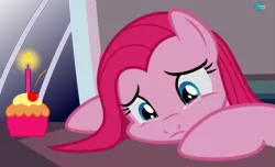Size: 2975x1812 | Tagged: safe, artist:arifproject, derpibooru import, pinkie pie, earth pony, pony, birthday, boutique depression, candle, crying, cupcake, female, food, forgotten birthday, frown, looking down, mare, pinkamena diane pie, sad, solo, squishy cheeks, table, unhappy, window