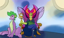 Size: 5000x3000 | Tagged: artist:bowlingfailure14, changedling, changeling, derpibooru import, gay, horned humanization, human, humanized, king thorax, male, older, older spike, safe, shipping, spike, thorax, thoraxspike, throne, to where and back again, winged humanization