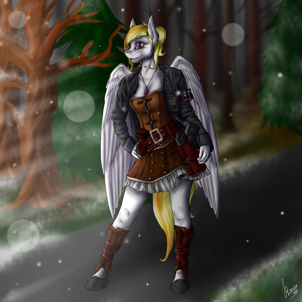 Size: 2000x2000 | Tagged: anthro, artist:stirren, clothes, corset, derpibooru import, forest, hooves, looking at you, oc, oc:storm shield, pegasus, pose, safe, skirt, solo, standing, steampunk, unguligrade anthro, unofficial characters only, unshorn fetlocks, wings