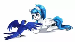 Size: 1280x722 | Tagged: safe, artist:somepony-ul, derpibooru import, oc, unofficial characters only, bird, hyacinth macaw, macaw, parrot, pegasus, pony, blue hair, glasses, long hair, long tail, ponytail, prone, simple background, solo, white background