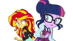 Size: 1366x768 | Tagged: safe, artist:luchita27, derpibooru import, sci-twi, sunset shimmer, twilight sparkle, equestria girls, friendship games, clothes, crystal prep academy uniform, duo, intro, school uniform, simple background, transparent background, vector, versus