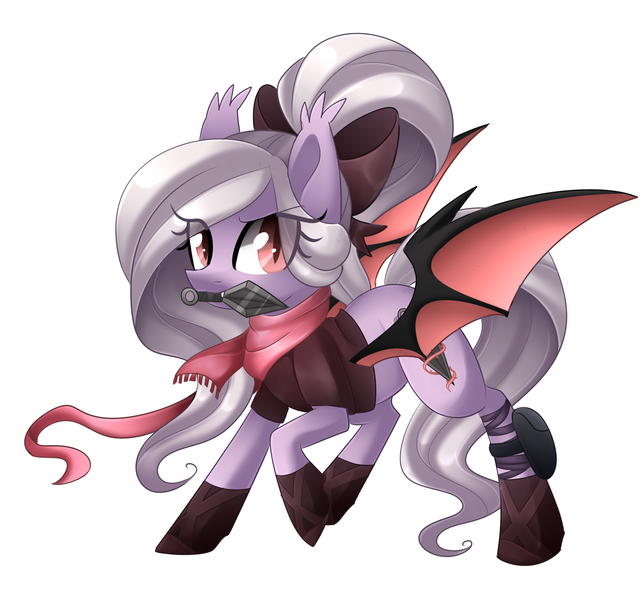 Size: 2244x2100 | Tagged: safe, artist:scarlet-spectrum, derpibooru import, oc, oc:violet thorn, unofficial characters only, bat pony, pony, bandage, bow, clothes, commission, fangs, hair bow, kunai, kunoichi, mouth hold, ninja, pouch, raised hoof, scarf, slit eyes, solo