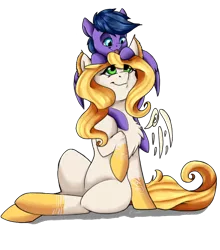 Size: 628x713 | Tagged: artist:crecious, cute, derpibooru import, feathered ears, oc, oc:feather freight, oc:mercury, original species, pegasus, pony hat, safe, size difference, unofficial characters only