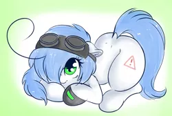 Size: 1280x858 | Tagged: safe, artist:wickedsilly, derpibooru import, oc, oc:mal, unofficial characters only, earth pony, pony, cute, goggles, gradient background, hair over one eye, looking at you, looking up, lying down, solo