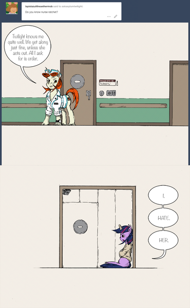 Size: 1028x1666 | Tagged: artist:dreamingnoctis, ask, ask asylum twilight, asylum, bondage, derpibooru import, horn cap, magic suppression, oc, oc:nurse ratchet, padded cell, safe, straitjacket, tumblr, twilight sparkle