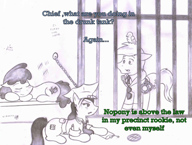 Size: 2779x2098 | Tagged: artist:poseidonathenea, berry punch, berryshine, derpibooru import, drunk, jail, monochrome, oc, oc:matilda, pencil drawing, police officer, police pony, safe, traditional art