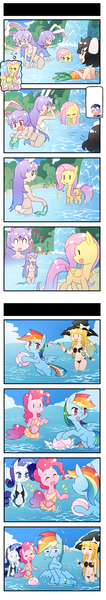 Size: 660x3734 | Tagged: safe, artist:sweetsound, derpibooru import, fluttershy, pinkie pie, rainbow dash, rarity, human, pegasus, semi-anthro, unicorn, 4koma, a certain scientific railgun, akiyama mio, bikini, blushing, clothes, comic, covering crotch, crossover, embarrassed, hiiragi kagami, hiiragi tsukasa, hirasawa yui, ika musume, inaba tewi, izumi konata, k-on, kirisame marisa, kotobuki tsumugi, lucky star, misaka mikoto, nakano azusa, no shame, reisen udongein inaba, saten ruiko, shirai kuroko, skinny dipping, squid girl, swimsuit, tainaka ritsu, takara miyuki, touhou, uiharu kazari, we don't normally wear clothes, yagokoro eirin