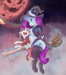 Size: 2045x2325 | Tagged: safe, artist:alcor, derpibooru import, rainbow dash, rarity, sweetie belle, pony, unicorn, belly button, blood moon, broom, clothes, cloud, contrail, costume, demon wings, devil, devil costume, devil horns, devil tail, devil's fork, fake cutie mark, floppy ears, flying, flying broomstick, full moon, hat, levitation, magic, moon, open mouth, rainbow, smiling, socks, telekinesis, trident, witch hat
