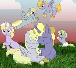 Size: 3929x3487 | Tagged: safe, artist:faitheverlasting, derpibooru import, chirpy hooves, crackle pop, derpy hooves, dinky hooves, dipsy hooves, ponet, pegasus, pony, female, grass, male, mare, nuzzling, ponetderp, shipping, straight, sunset
