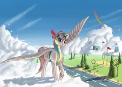 Size: 3150x2256 | Tagged: safe, artist:pony-way, derpibooru import, angel wings, rainbow dash, pegasus, pony, top bolt, academy, clothes, female, goggles, looking at you, make a wish foundation, mare, raised hoof, solo focus, wonderbolt trainee uniform