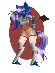 Size: 1500x2000 | Tagged: safe, artist:niniibear, derpibooru import, anthro, earth pony, unguligrade anthro, armor, blue, brown, cute, fluffy, gray, guard, pink, purple, silver, solo, standing, steampunk, unshorn fetlocks, warrior