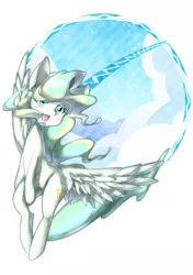 Size: 634x900 | Tagged: safe, artist:nabebuta, derpibooru import, vapor trail, pegasus, pony, blushing, cloud, cute, eye clipping through hair, female, mare, open mouth, solo, spread wings, vaporbetes, wings