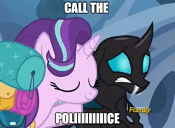 Size: 683x500 | Tagged: safe, derpibooru import, edit, edited screencap, screencap, starlight glimmer, thorax, changeling, pony, unicorn, to where and back again, call the police, caption, discovery family logo, ren and stimpy