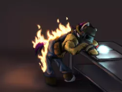 Size: 1280x960 | Tagged: safe, artist:causticeichor, derpibooru import, earth pony, pony, clothes, fire, jacket, look at all the fucks i give, no fucks, on fire, overalls, solo, wat, welding, welding mask