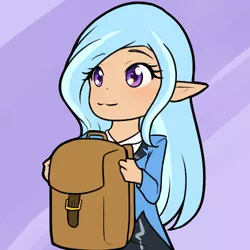 Size: 500x500 | Tagged: :3, artist:jonfawkes, backpack, chibi, clothes, cute, derpibooru import, diatrixes, elf ears, human, humanized, safe, solo, to saddlebags and back again, to where and back again, trixie, unicorns as elves