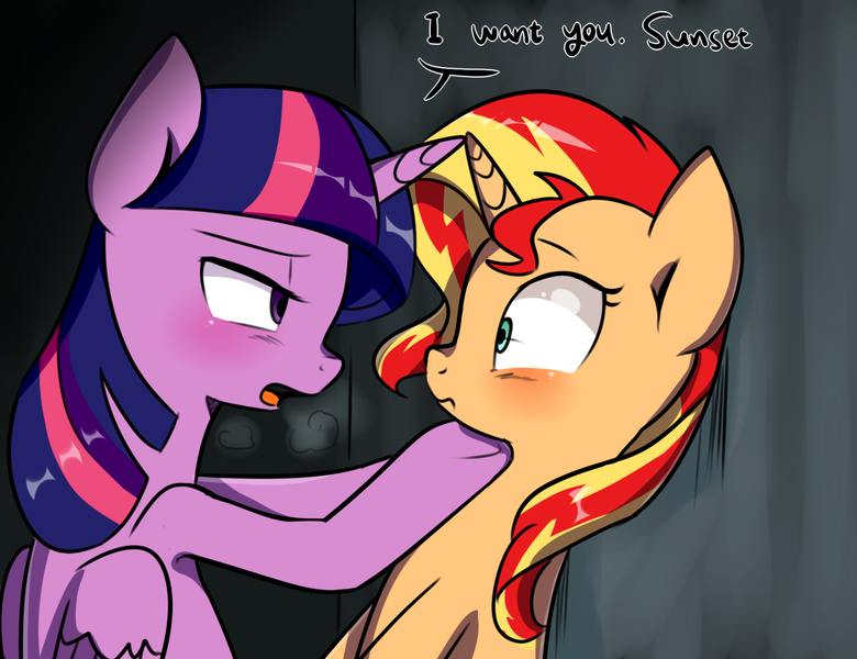 Size: 1300x1000 | Tagged: suggestive, artist:haden-2375, derpibooru import, sunset shimmer, twilight sparkle, twilight sparkle (alicorn), alicorn, pony, unicorn, blushing, dialogue, eye contact, female, lesbian, mare, open mouth, shipping, shrunken pupils, sunsetsparkle, wide eyes