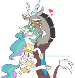 Size: 830x861 | Tagged: safe, artist:stepandy, derpibooru import, discord, princess celestia, to where and back again, blushing, dislestia, heart, hug, looking at you, male, shipping, simple background, smiling, straight, white background, wide eyes