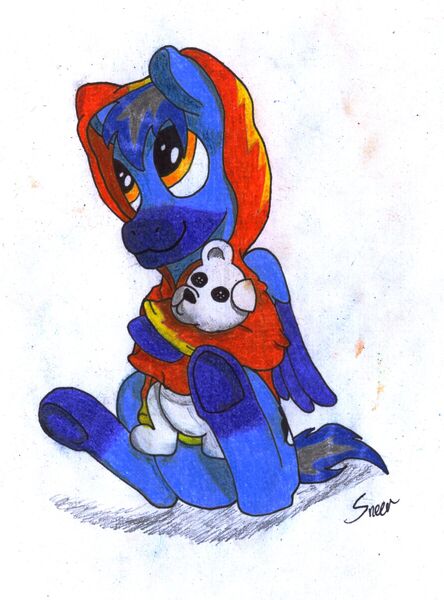 Size: 1422x1922 | Tagged: safe, artist:saxpony, derpibooru import, oc, oc:skaj, unofficial characters only, pegasus, pony, clothes, hoodie, plushie, solo, teddy bear, traditional art