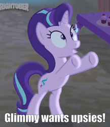 Size: 440x507 | Tagged: safe, derpibooru import, edit, edited screencap, screencap, starlight glimmer, pony, unicorn, to where and back again, animated, baby talk, bipedal, bronybait, cute, female, frown, gif, glimmerbetes, glimmy, hug request, image macro, impact font, looking up, loop, mare, meme, open mouth, solo, underhoof, upsies, wide eyes