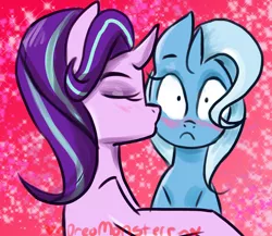 Size: 1228x1068 | Tagged: safe, artist:oreomonsterr, derpibooru import, starlight glimmer, trixie, pony, unicorn, blushing, female, kissing, lesbian, mare, shipping, startrix, surprise kiss, surprised