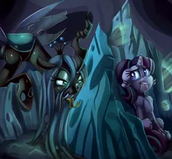 Size: 3000x2778 | Tagged: semi-grimdark, artist:discorded, derpibooru import, queen chrysalis, starlight glimmer, to where and back again, crying, fear, hiding, hive, lip bite, open mouth, scene interpretation, sitting, tongue out