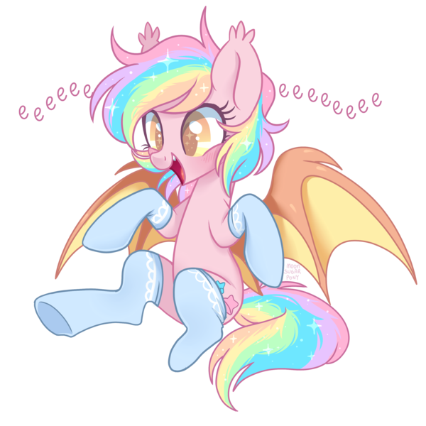 Size: 2650x2650 | Tagged: safe, artist:hawthornss, derpibooru import, oc, oc:paper stars, unofficial characters only, bat pony, pony, amputee, blushing, clothes, cute, cute little fangs, ear fluff, eeee, fangs, open mouth, paperbetes, simple background, sitting, smiling, socks, solo, spread wings, starry eyes, stump sock, transparent background, weapons-grade cute, wingding eyes