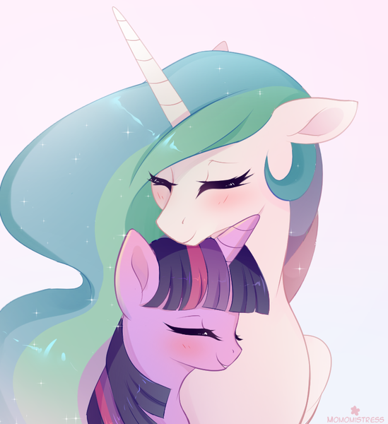 Size: 796x870 | Tagged: safe, artist:verawitch, derpibooru import, princess celestia, twilight sparkle, alicorn, pony, unicorn, blushing, bust, eyes closed, fairandfaithful, female, floppy ears, gradient background, lesbian, mare, momlestia, neck nuzzle, nuzzling, portrait, shipping, smiling, twilestia