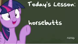 Size: 764x436 | Tagged: safe, derpibooru import, edit, edited screencap, screencap, twilight sparkle, twilight sparkle (alicorn), alicorn, pony, ppov, butts, chalkboard, discovery family logo, open mouth, pointing, smiling, solo, twilight's blackboard, wide eyes