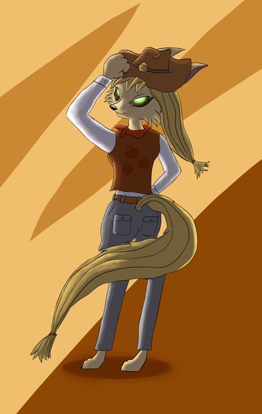 Size: 3445x5457 | Tagged: safe, artist:chiptunebrony, derpibooru import, edit, applejack, alien, anthro, wolf, bandana, clothes, cutie mark, finished, font, freckles, glowing eyes, green eyes, hat, leather, looking at you, looking back, medal, pants, qinnisian, runes, shading, shirt, smiling, solo, species swap, the symnatrix chronicles, vest, white shirt