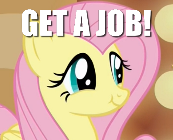 Size: 570x462 | Tagged: cropped, derpibooru import, edit, edited screencap, fluttershy, get a job, image macro, meme, safe, screencap, scrunchy face, smug, solo, viva las pegasus