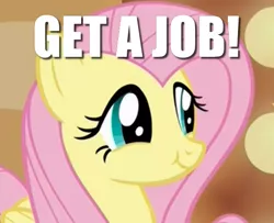 Size: 570x462 | Tagged: cropped, derpibooru import, edit, edited screencap, fluttershy, get a job, image macro, meme, safe, screencap, scrunchy face, smug, solo, viva las pegasus