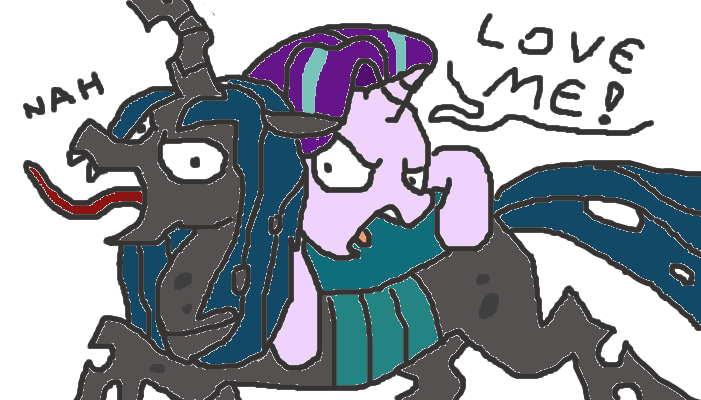 Size: 701x400 | Tagged: artist needed, safe, derpibooru import, queen chrysalis, starlight glimmer, to where and back again, angry, dialogue, open mouth, simple background, stylistic suck, tongue out, white background