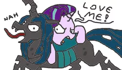 Size: 701x400 | Tagged: artist needed, safe, derpibooru import, queen chrysalis, starlight glimmer, to where and back again, angry, dialogue, open mouth, simple background, stylistic suck, tongue out, white background