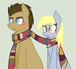 Size: 808x726 | Tagged: safe, artist:florfru, artist:tech-kitten, derpibooru import, derpy hooves, doctor whooves, time turner, pegasus, pony, base used, blushing, clothes, doctorderpy, female, fourth doctor's scarf, male, mare, scarf, shared clothing, shared scarf, shipping, simple background, straight, vector