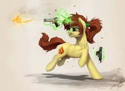 Size: 3000x2178 | Tagged: safe, artist:1jaz, derpibooru import, oc, oc:rapid fire, unofficial characters only, pony, unicorn, commission, dual wield, female, firing, grin, gun, handgun, magic, mare, pistol, ponytail, shooting, smiling, solo, weapon