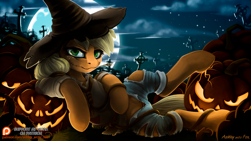 Size: 1000x562 | Tagged: alternate version, applejack, artist:arctic-fox, cemetery, clothes, cloud, crotchboobs, crotch cleavage, derpibooru import, female, freckles, full moon, gravestone, graveyard, halloween, hat, haystick, jack-o-lantern, looking at you, moon, night sky, partial nudity, patreon, patreon logo, pumpkin, scarecrow, solo, solo female, stars, suggestive, torn clothes