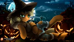 Size: 1000x562 | Tagged: alternate version, applejack, artist:arctic-fox, cemetery, clothes, cloud, crotchboobs, crotch cleavage, derpibooru import, female, freckles, full moon, gravestone, graveyard, halloween, hat, haystick, jack-o-lantern, looking at you, moon, night sky, partial nudity, patreon, patreon logo, pumpkin, scarecrow, solo, solo female, stars, suggestive, torn clothes