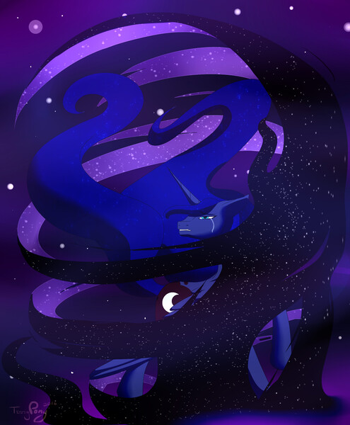 Size: 2050x2484 | Tagged: safe, artist:twigpony, derpibooru import, princess luna, crying, night, night sky, solo, stars