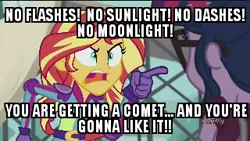 Size: 320x180 | Tagged: safe, derpibooru import, edit, edited screencap, screencap, comet tail, flash sentry, rainbow dash, sci-twi, sunset shimmer, twilight sparkle, equestria girls, friendship games, angry, camp lazlo, cometlight, crossover, darkness, exploitable meme, female, flashlight, image macro, irony, lesbian, low res image, male, meme, moonlight, pun, shipping, shipping denied, straight, sunlight, sunset yells at twilight, sunsetsparkle, twidash